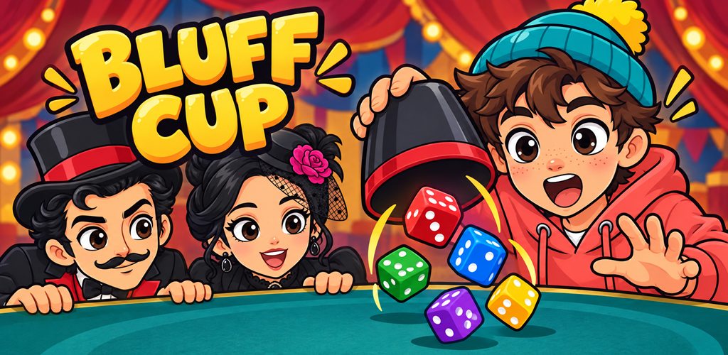 The words Bluff Cup above a dice table, with a showman and a widow peeking over the edge and a boy lifting his cup as five coloured dice tumble out