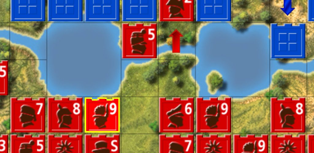 The Heroic Battle board: blue and red pieces across lakes and open terrain