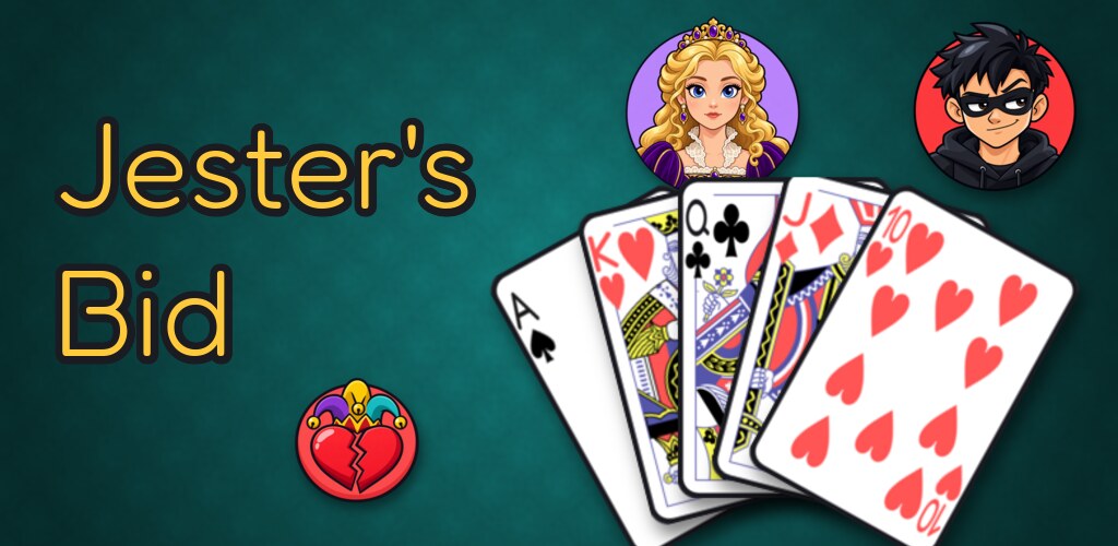 The name Jester's Bid beside a fanned hand of playing cards from the ace of spades to the ten of hearts, with The Duchess and The Spoiler looking on