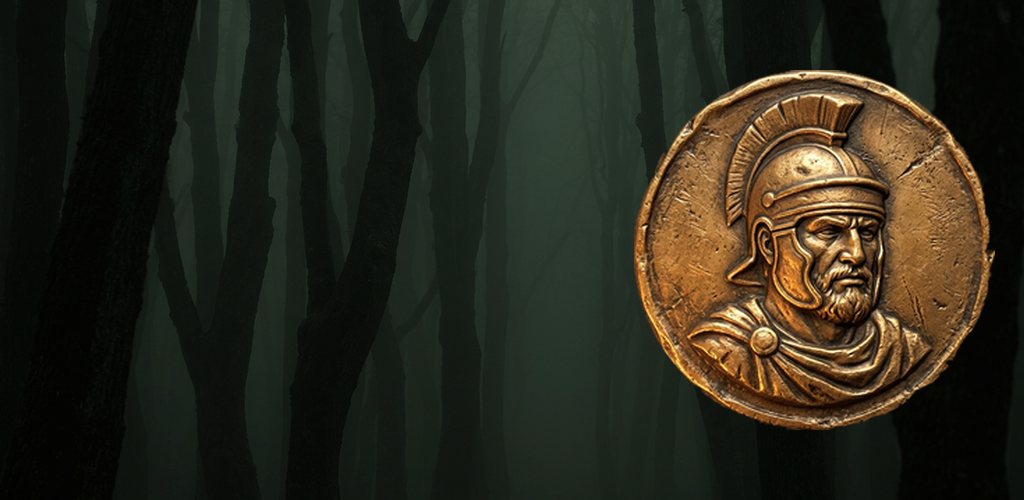 A bronze Roman commander&rsquo;s medallion against a dark, misted wood