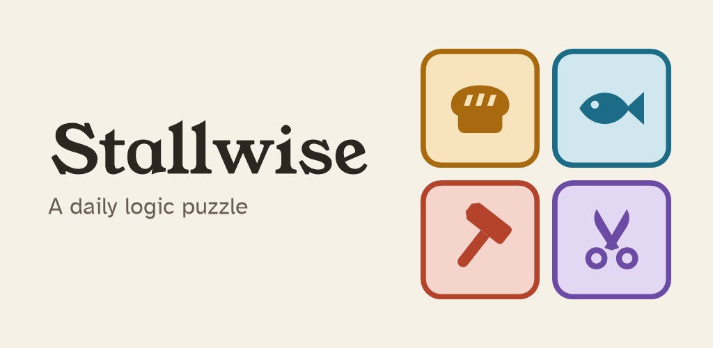 The name Stallwise beside four tiles: a loaf, a fish, a hammer and a pair of scissors